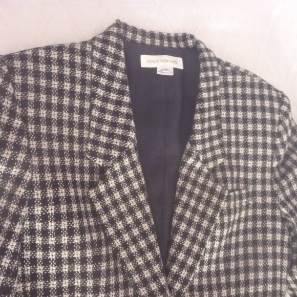 Jones New York Women 100% Pure Wool Black White Blazer 10 Checkered Lapel Single - Picture 7 of 16
